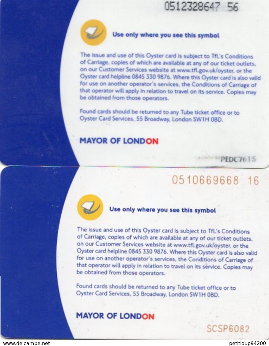 2 CARTES DE TRANSPORT METRO Oyster  LONDRES  Royaume-Uni - Autres & Non Classés