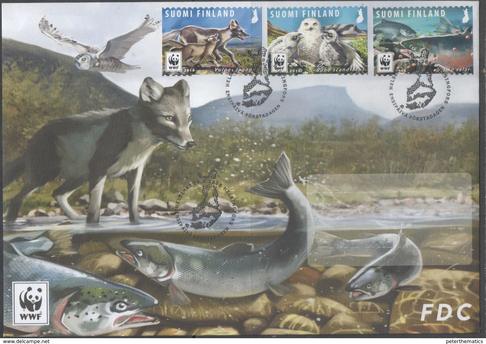 FINLAND, 2018, WWF, ENDANGERED ANIMALS, BIRDS, OWLS, WOLVES, FISH, SALMON, 3v ON LOCAL FDC - Unused Stamps