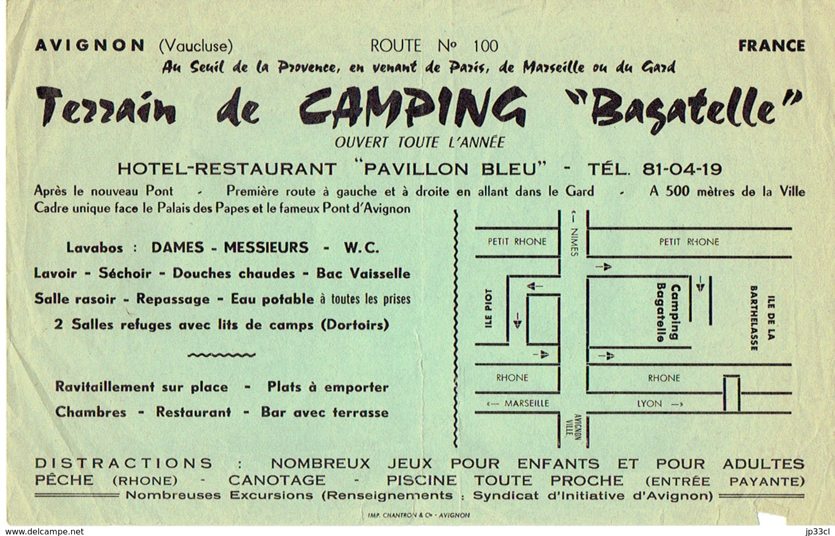 Ancienne Publicité Pour Le Terrain De Camping Bagatelle, Île De La Barthelasse, Avignon (vers 1970) - Publicités