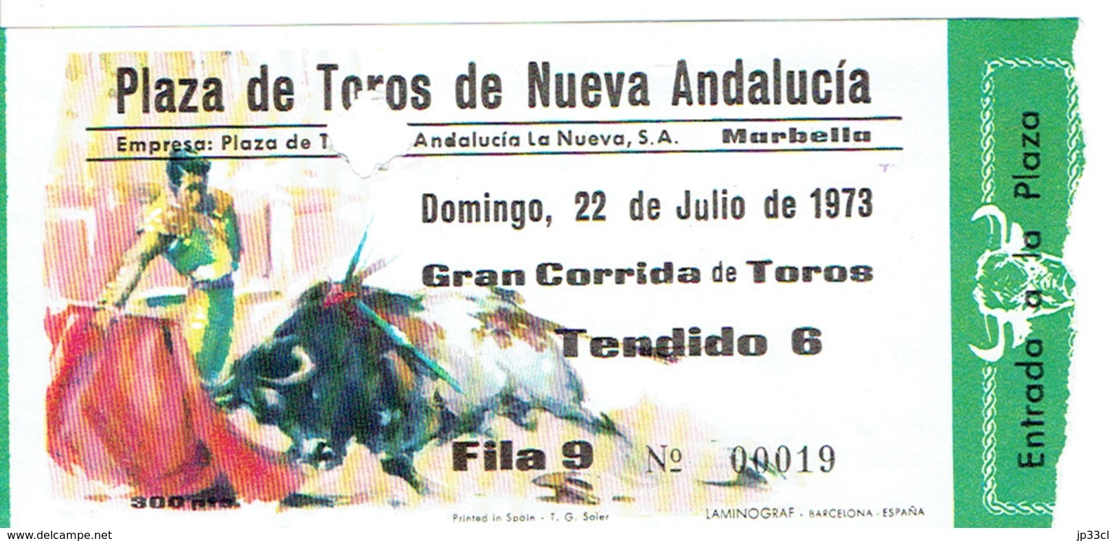 Ancien Ticket D'entrée Corrida Plaza De Toros De Nueva Andalucia, Marbella (22/7/1973) - Tickets D'entrée