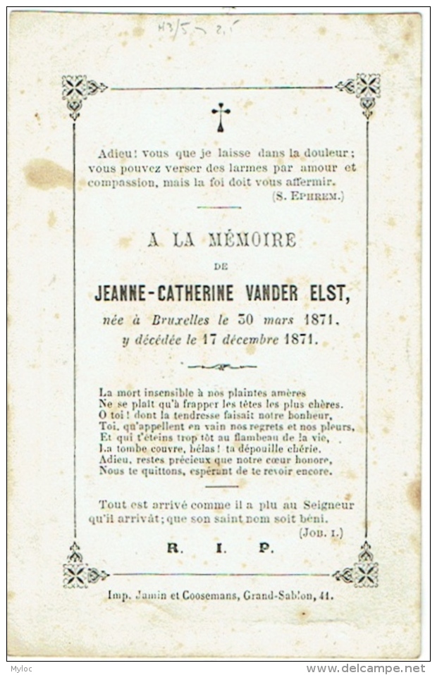 Doodsprentje/Image Mortuaire. Vander Elst. Bruxelles Mars1871/décembre 1871. - Images Religieuses