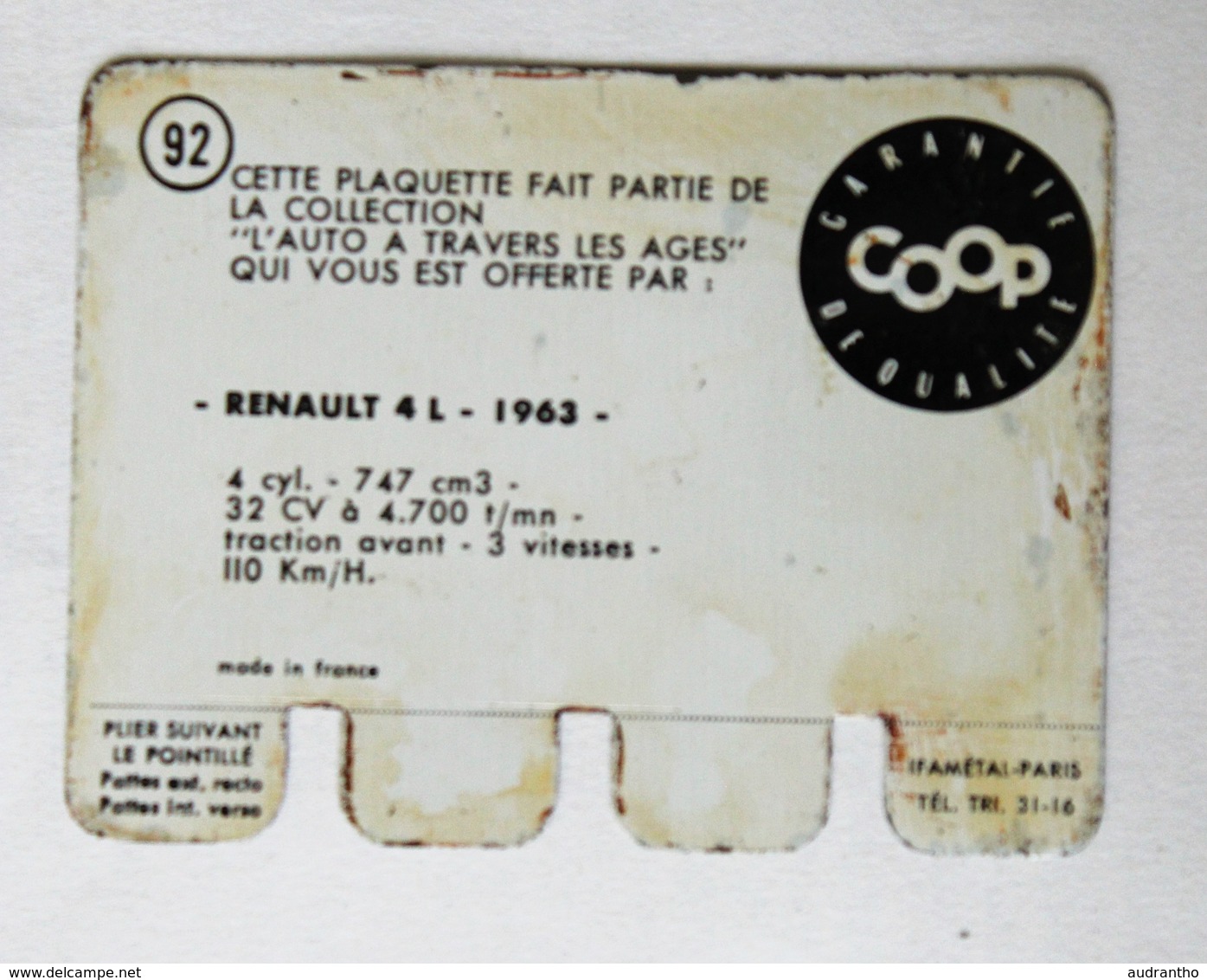 Plaque Métal Voiture Renault 4L R4  L'auto à Travers Les âges COOP 1964 - Automobile