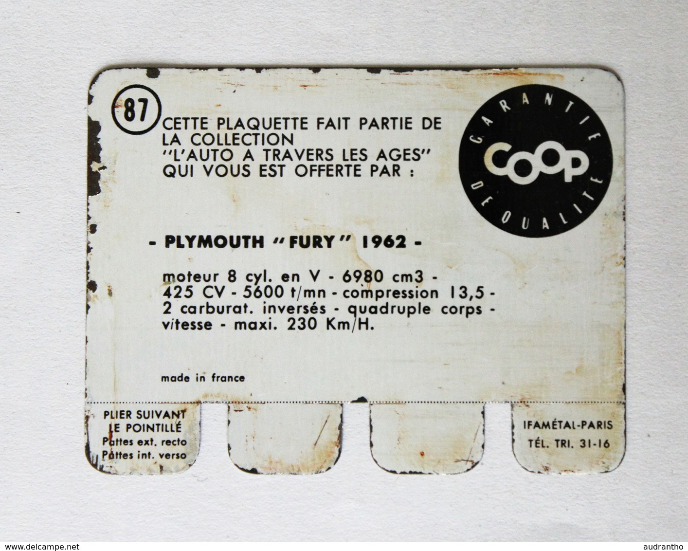 Plaque Métal Voiture Plymouth Fury 1962 L'auto à Travers Les âges COOP 1964 - Macchina