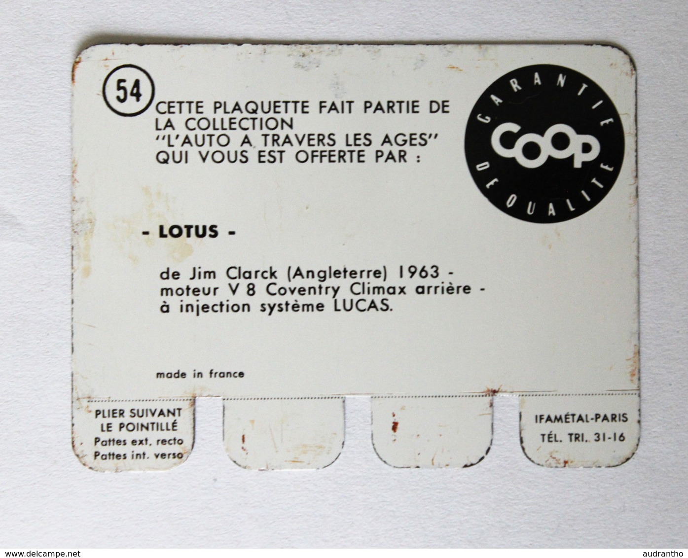 Plaque Métal Voiture Lotus Jim Clarck 1963 L'auto à Travers Les âges COOP 1964 - Automobile