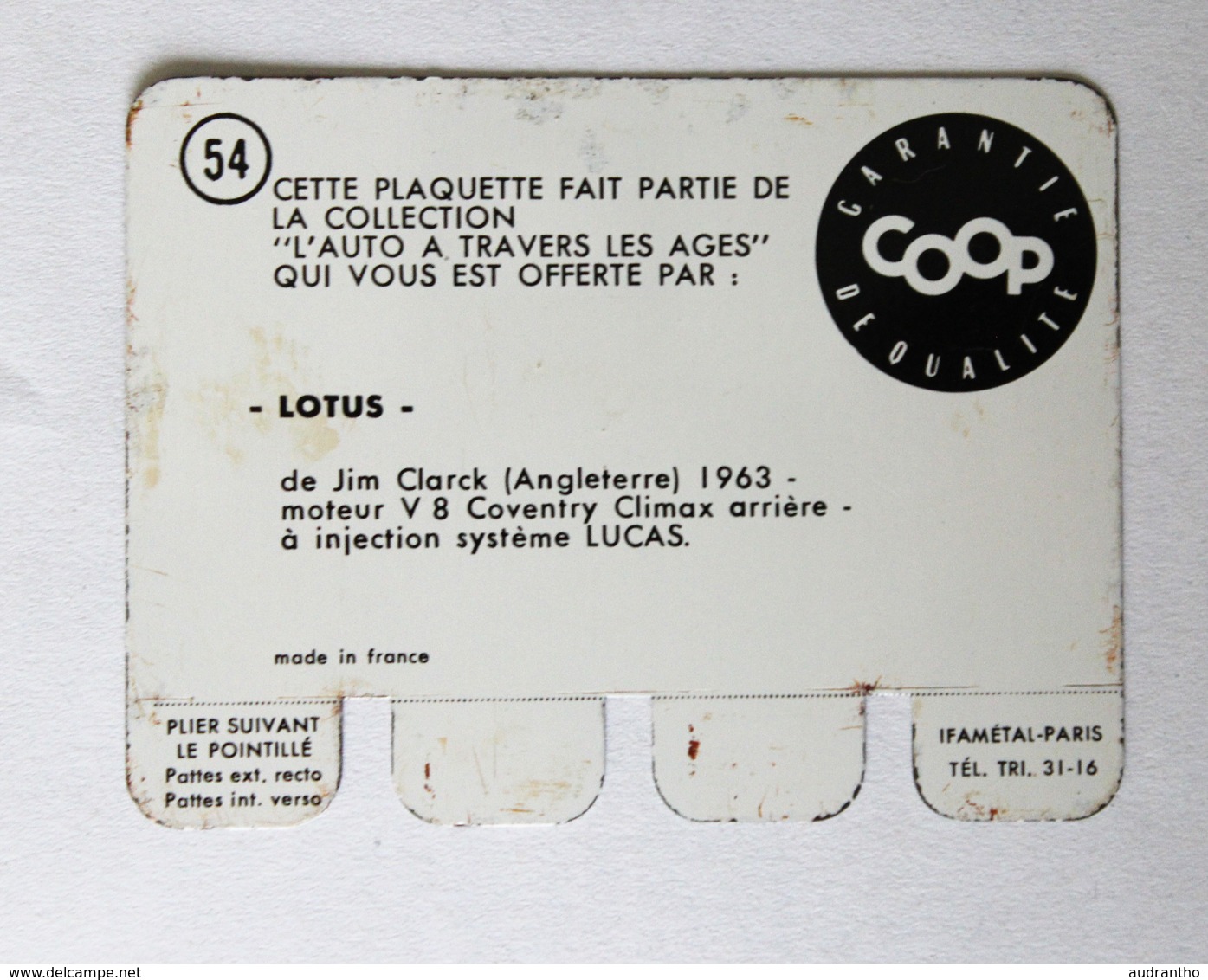 Plaque Métal Voiture Lotus Jim Clarck 1963 L'auto à Travers Les âges COOP 1964 - Macchina