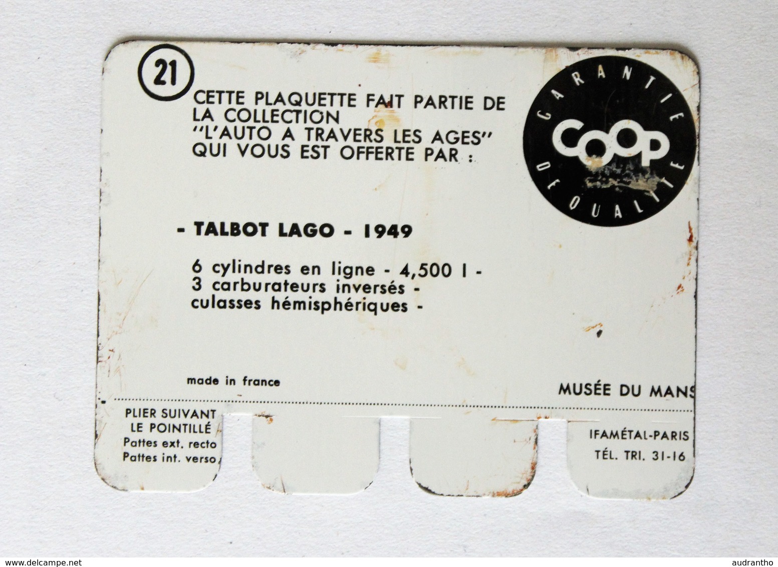 Plaque Métal Voiture Talbot Lago T26 Grand Prix 1949 L'auto à Travers Les âges COOP 1964 - Automóviles