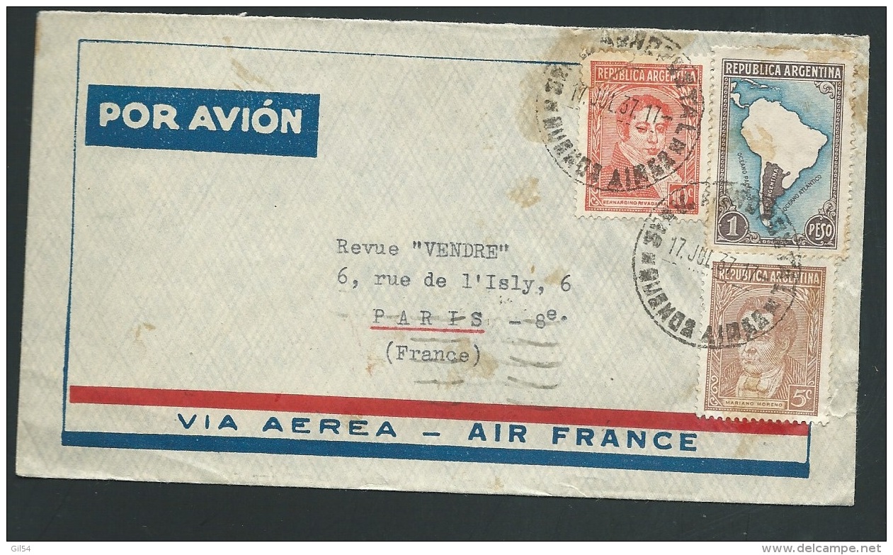 LSC   Par Avion " Air France " De Bueno Aires " Afranchie Par Timbres Argentin Pour Paris - Ax14012 - Covers & Documents