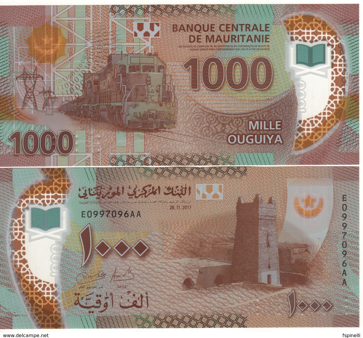 MAURITANIA  New 1,000 Ouguiys  P26  POLIMER  (2018 )   Dated 28.11.2017 ( Tower + Locomotive Of An Ore Train ) UNC - Mauritanie