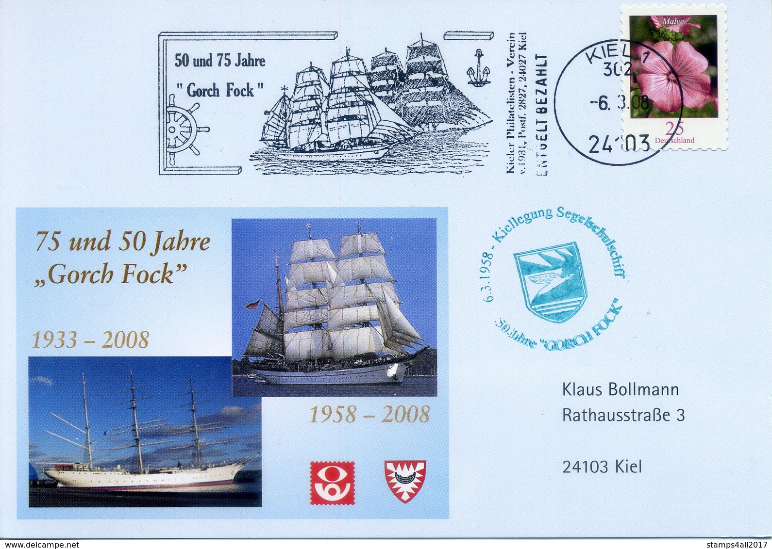 GERMANY 2008. Circulated Card With Special Post Mark 50 And 75 Years Gorch Foch, German Training Ship, Ships, Barcos - Bateaux