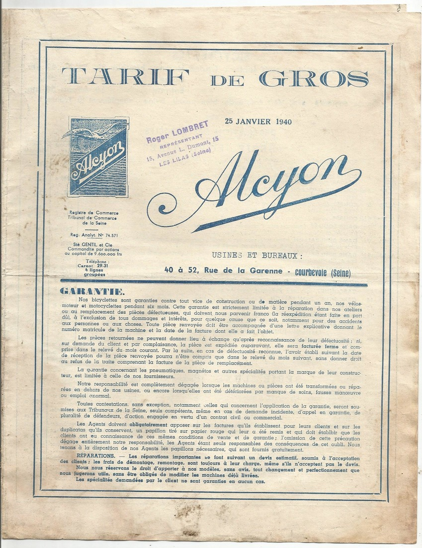 Doc   Cycles Velomoteurs Et Motos  Tarif De Gros   Alcyon 1940 4pages  Courbevoie - Autres & Non Classés