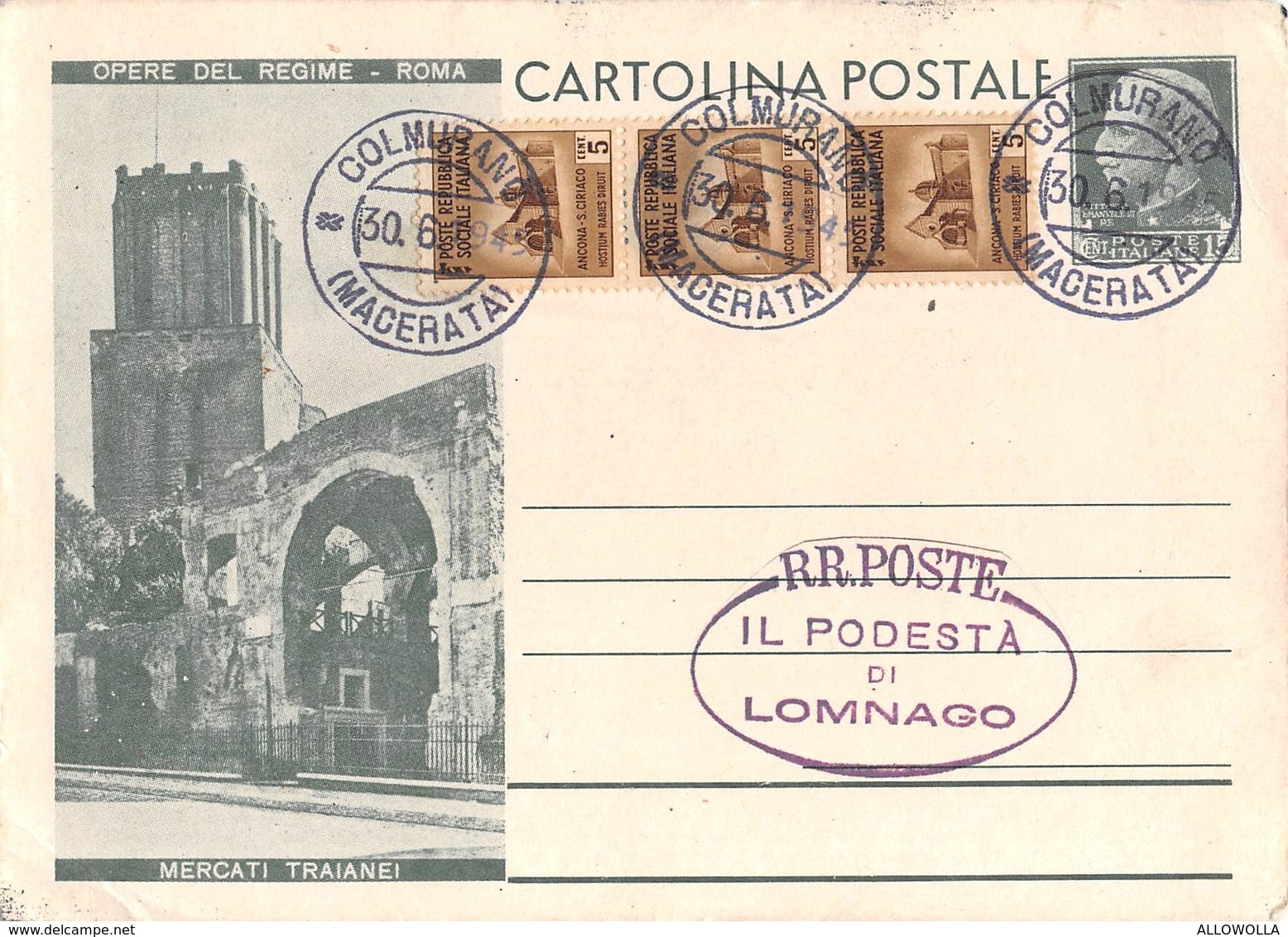 806 " CART. POSTALE *OPERE DEL REGIME-ROMA-MERCATI TRAIANEI* - TIMBRO DEL PODESTA' DI LOMNAGO" CART. ORIG. SPEDITA - Altri & Non Classificati