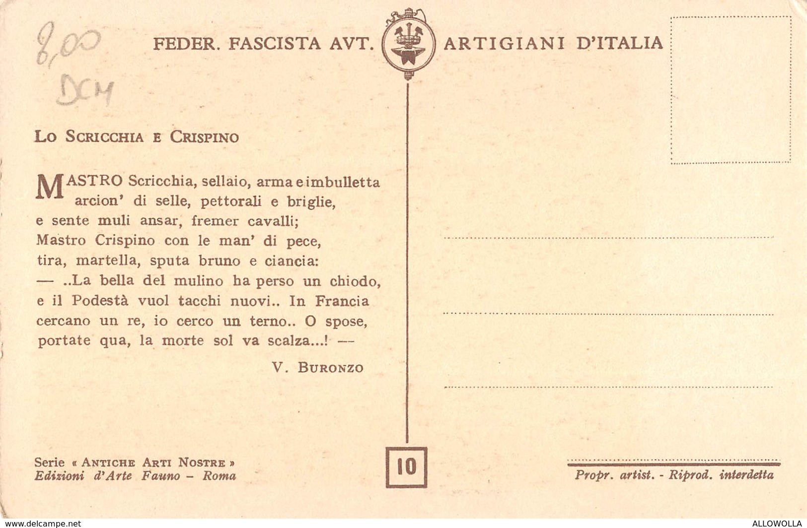 810 " FED. FASCISTA AVT. ARTIG. D'ITALIA - LO SCRICCHIA E CRISPINO " -  CART. ORIG. NON SPEDITA - Artigianato