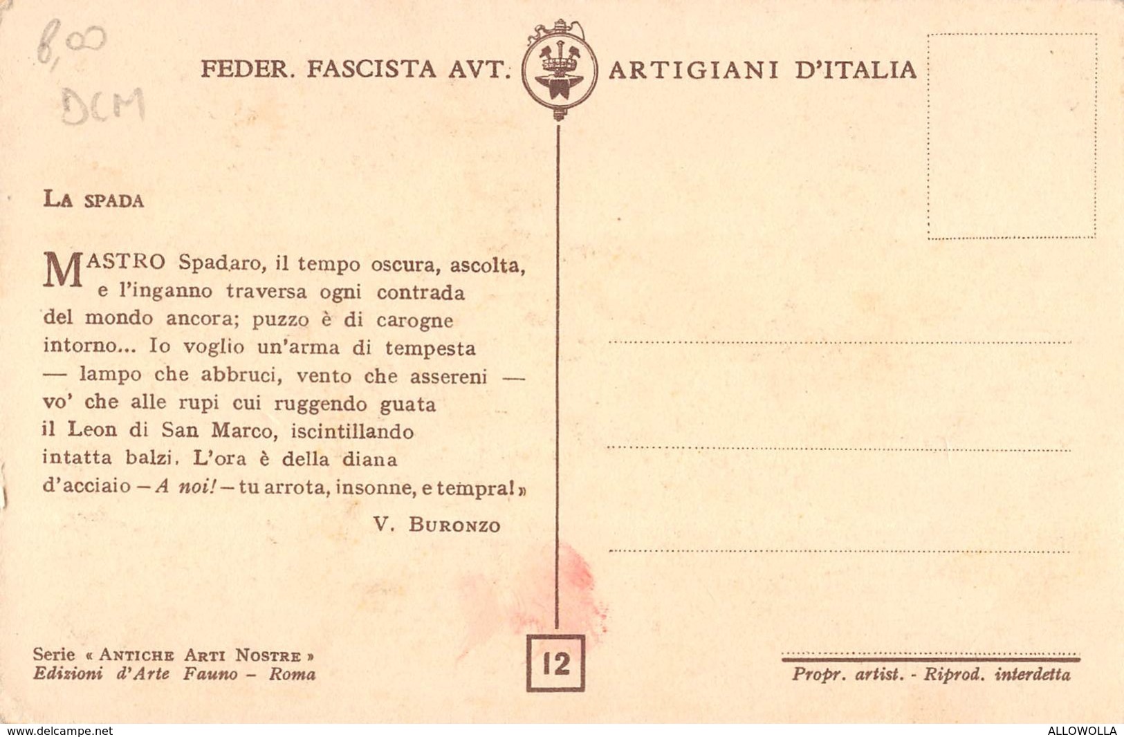 811 " FED. FASCISTA AVT. ARTIG. D'ITALIA - LA SPADA " -  CART. ORIG. NON SPEDITA - Artigianato