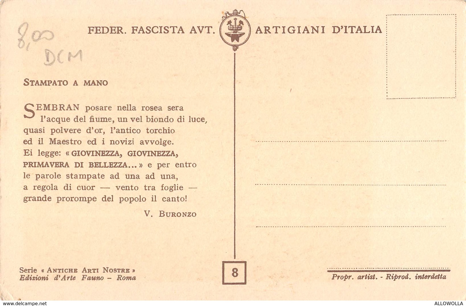 814 " FED. FASCISTA AVT. ARTIG. D'ITALIA - STAMPATO A MANO " -  CART. ORIG. NON SPEDITA - Artisanat