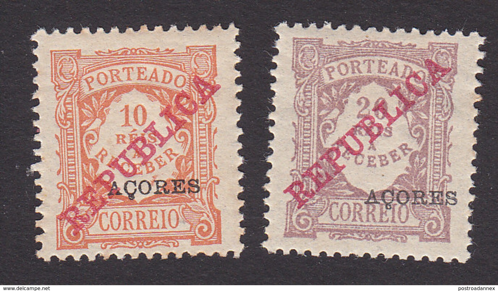 Azores, Scott #J9-J10, Mint Hinged, Postage Due Overprinted, Issued 1911 - Azores