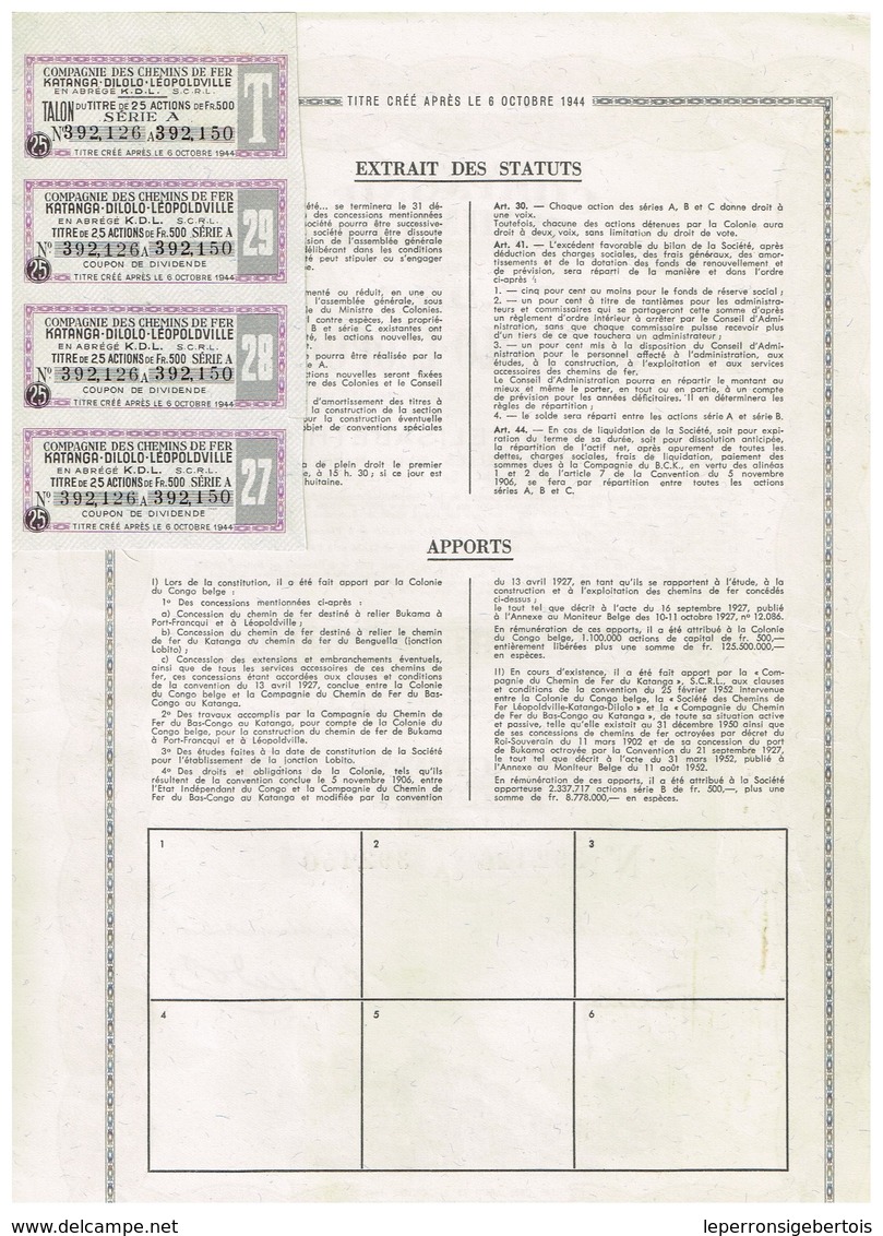 Ancienne Action Congolaise - Compagnie Des Chemins De Fer Katanga-Dilolo-Léopoldville - "K.D.L." - Afrique