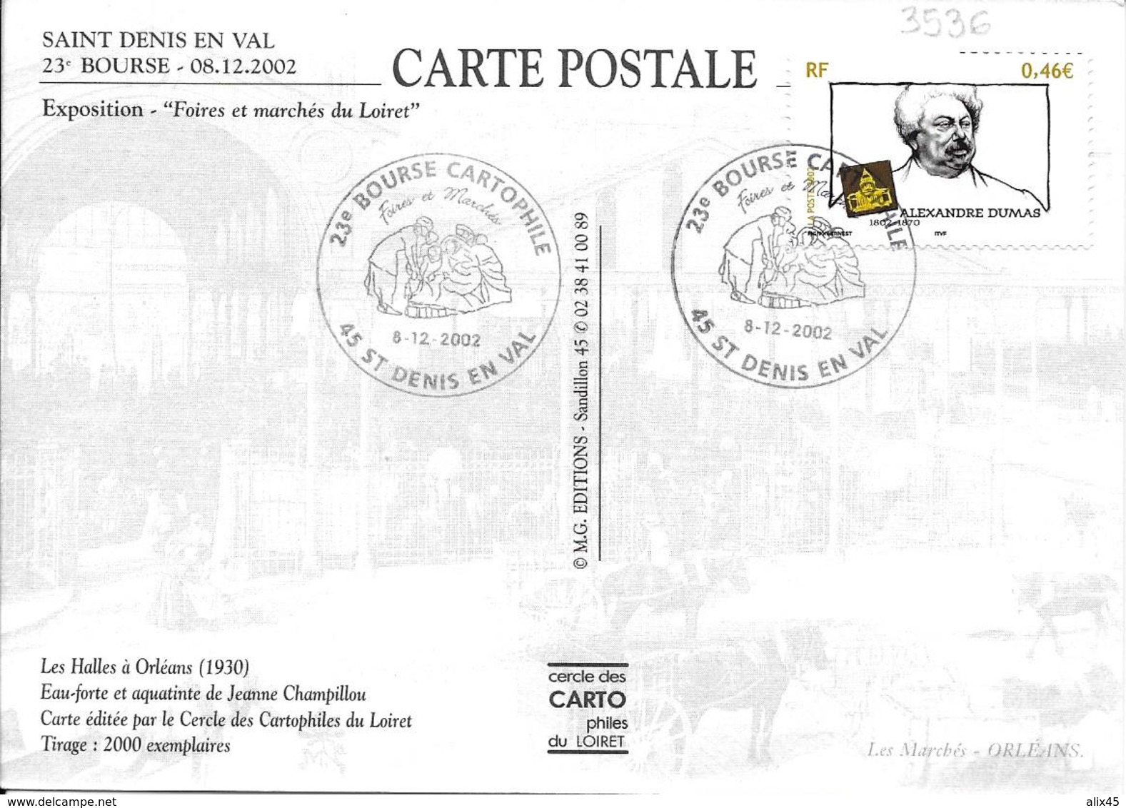 3536 - ALEXANDRE DUMAS - 23e BOURSE DE CARTES POSTALES Au 8-12-2002 SAINT-DENIS-EN-VAL - Cachets Commémoratifs