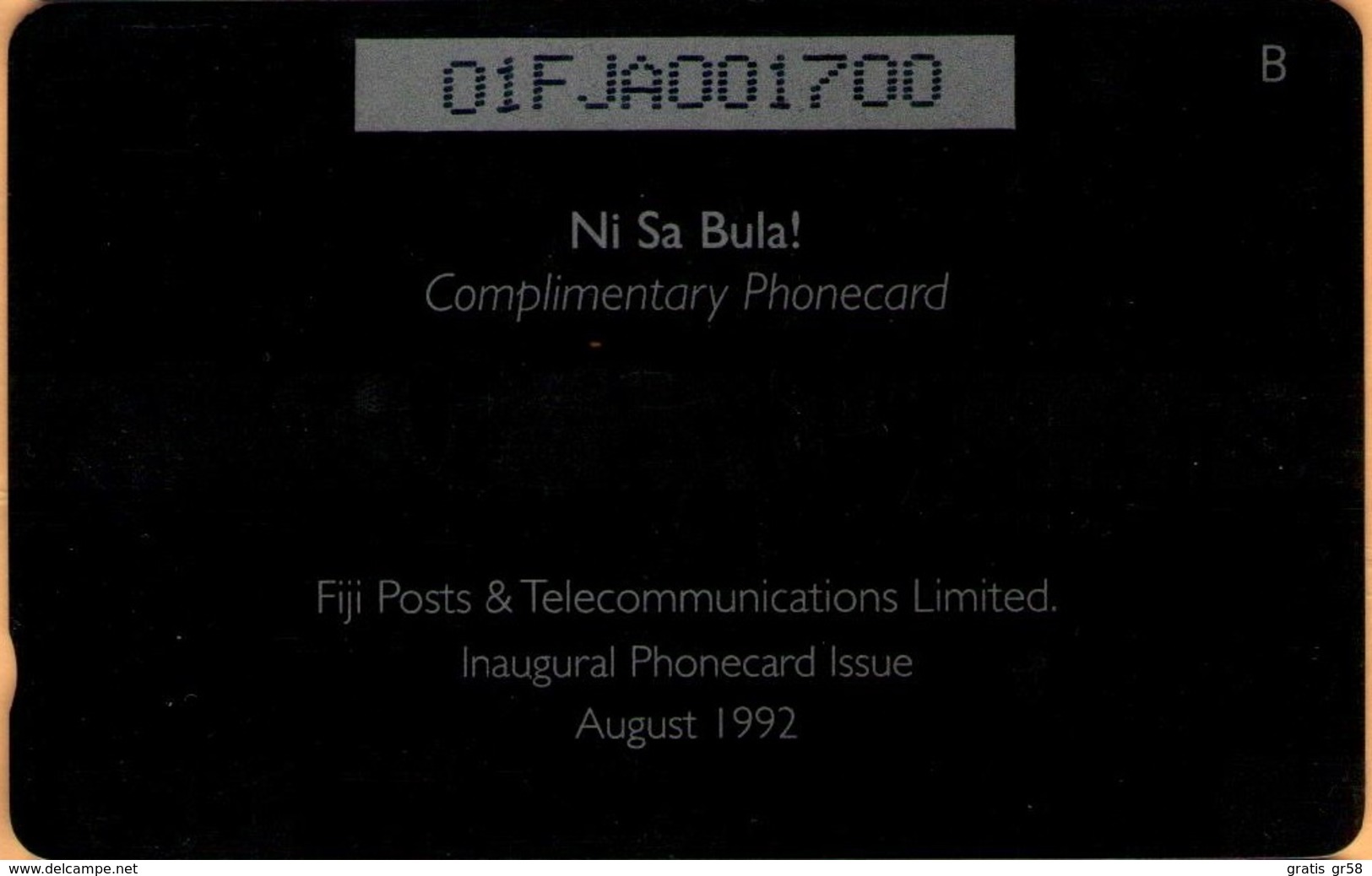 Fiji - FIJ-001, GPT, First Issue, "Ni Sa Bula", Complimentary, 1$, 9.600ex, 1992, Used - Fiji