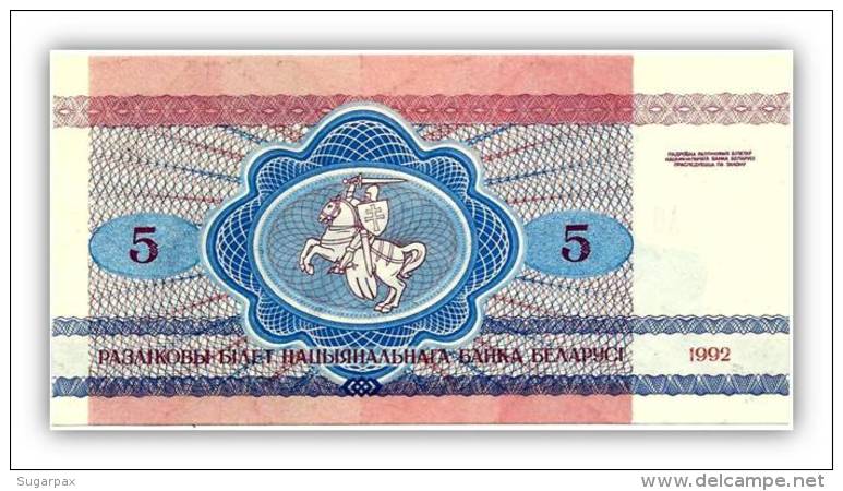 BELARUS - 5 Rublei - 1992 - P 4 - Unc. - " Pagonya " Warrior On Horseback / Two Wolves - Belarus