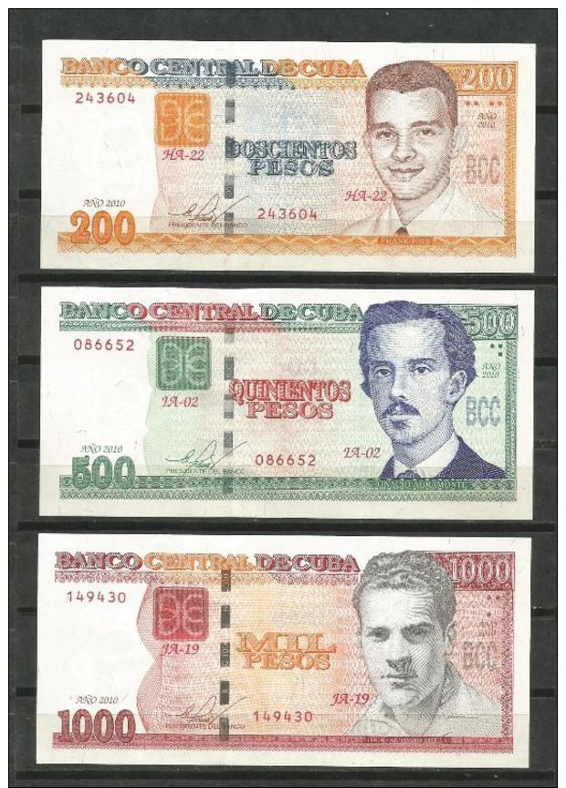 Cuba 2010 Banknotes $200, $500 And $1000 Pesos Banknotes UNC - Cuba