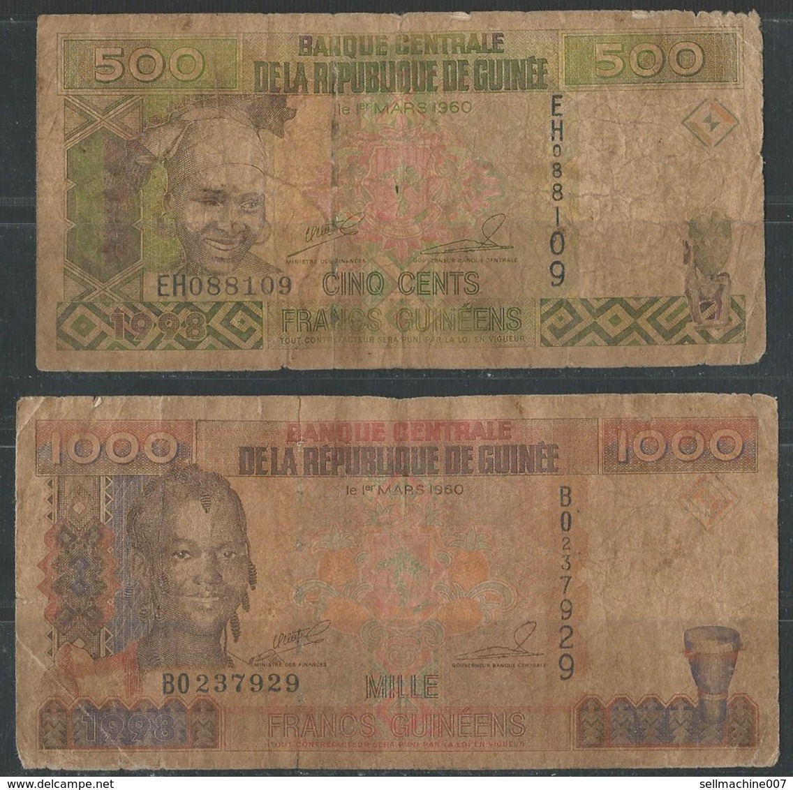 GUINÉE / GUINEA  500 & 1000 FRANCS YEAR 1960 / 1998 BANKNOTE - Mille & Cinq Cents Francs Guineens - Guinea