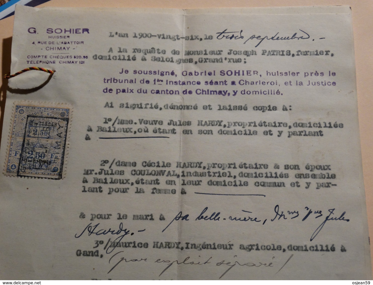 Timbres Fiscaux Sur Document Procés-verbal à Chimay Le 03/09/1926 - Documents