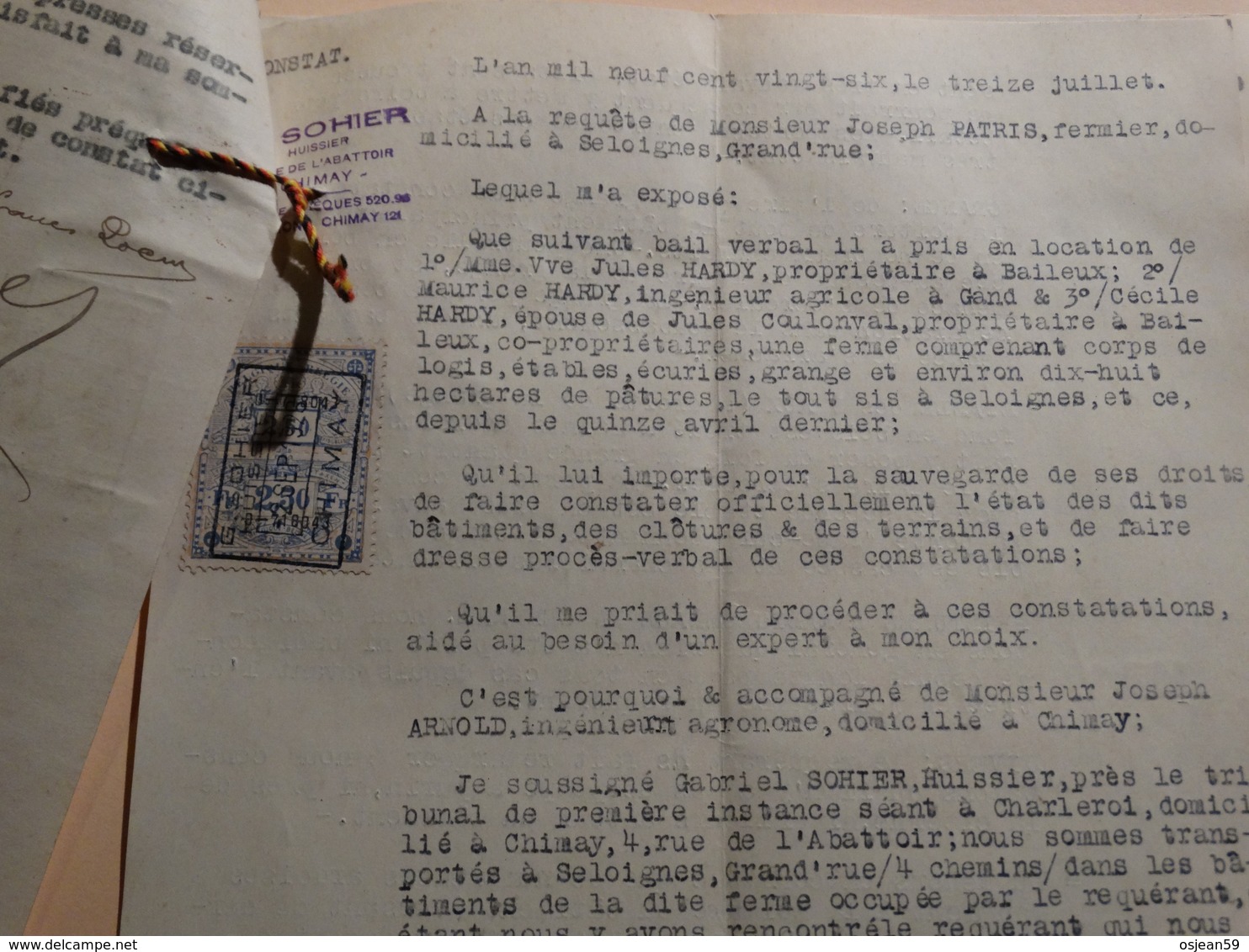 Timbres Fiscaux Sur Document Procés-verbal à Chimay Le 03/09/1926 - Documents