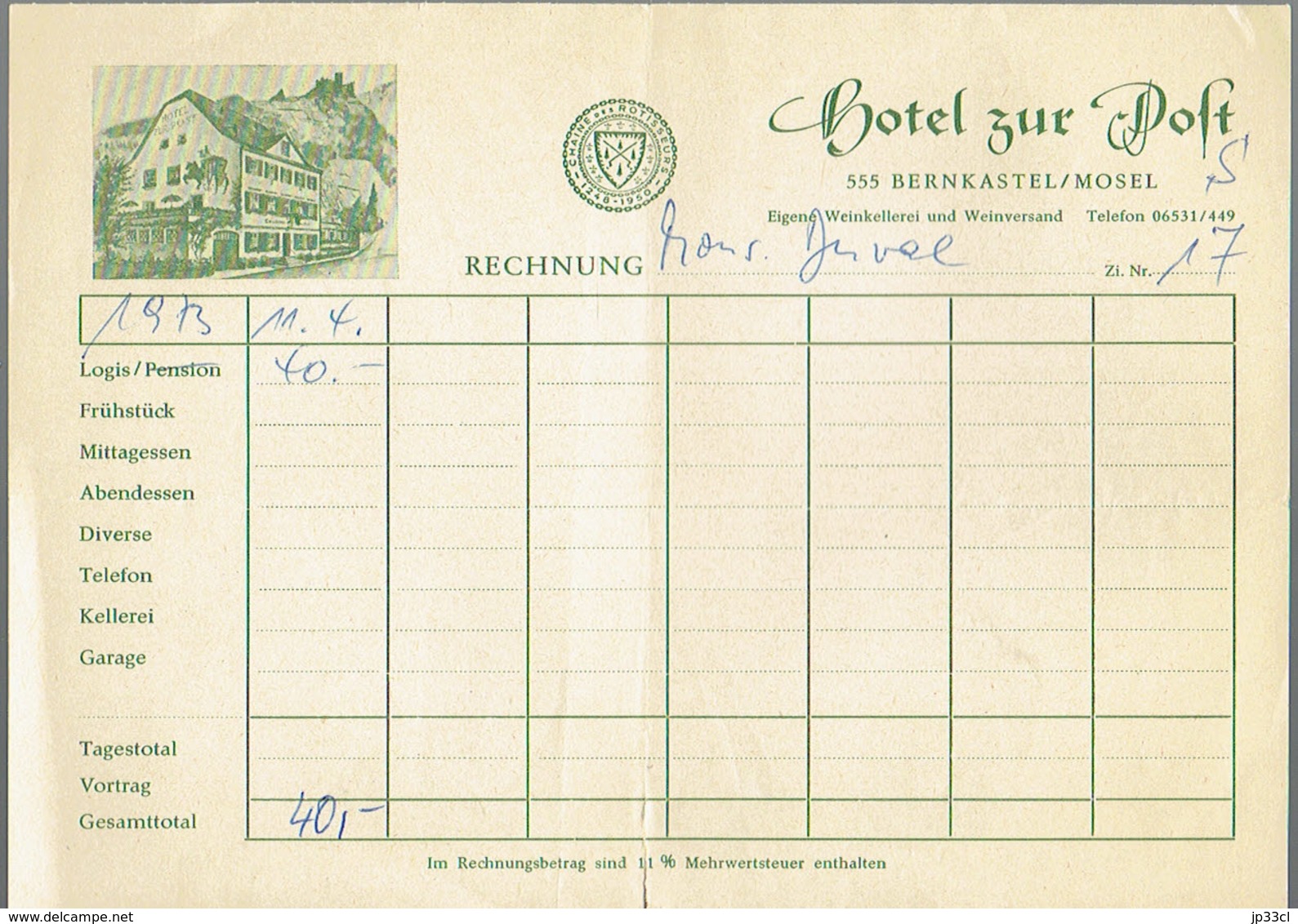 Facture Rechnung De L'Hôtel Zur Post, 555 Bernkastel Mosel (11/4/1973) - Sport & Turismo