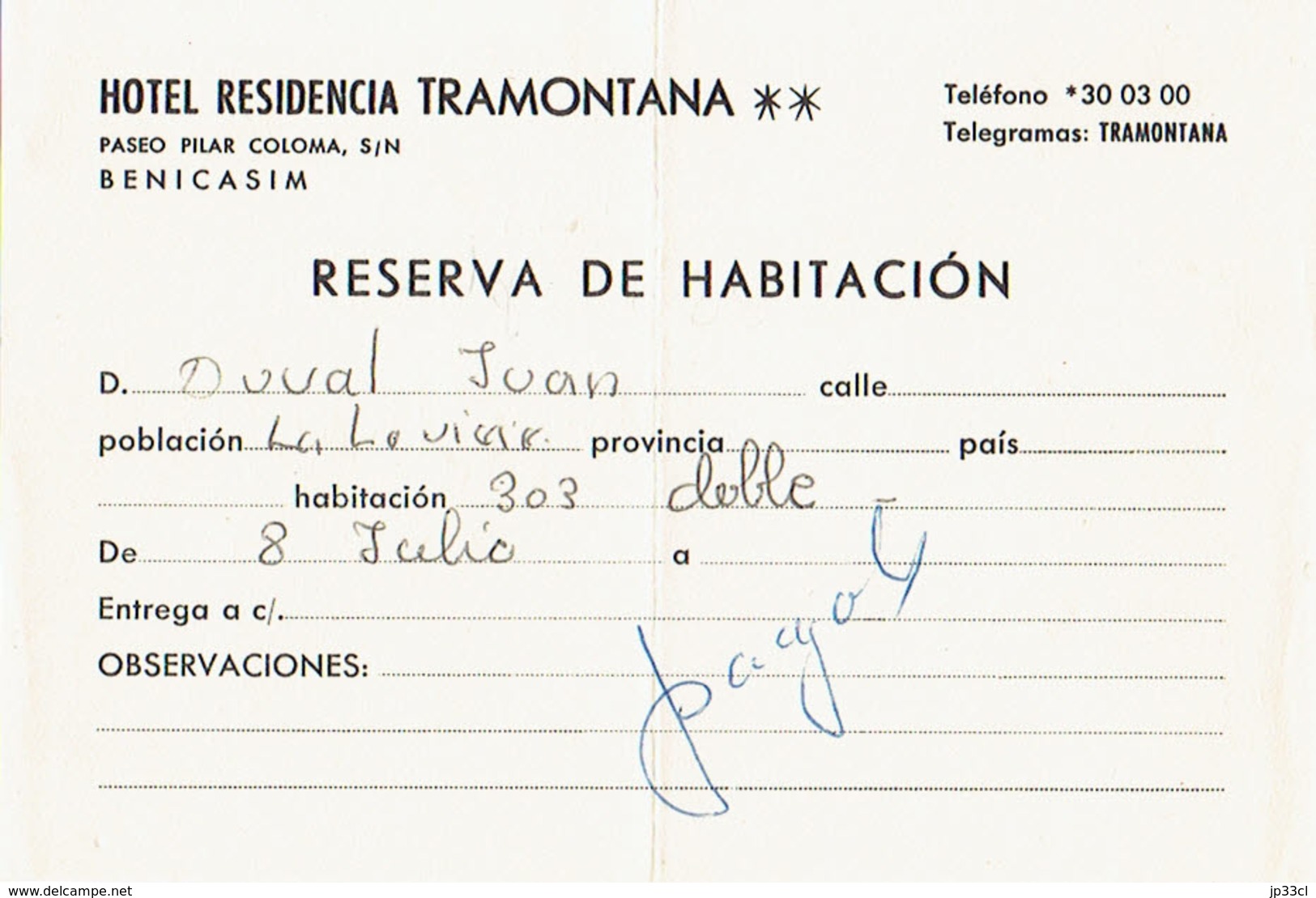 Ancienne Facture De L'Hôtel Residencia Tramontana, Paseo Pilar Coloma, Benicasim, Espagne (8/7/1973) - Spanje