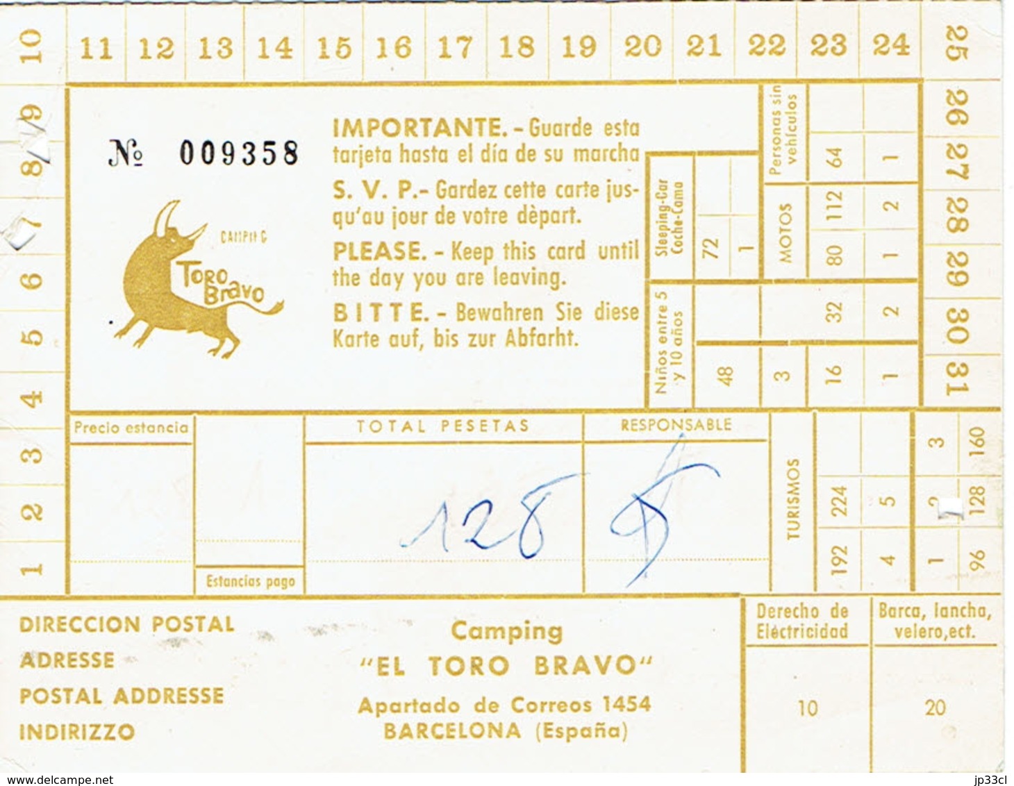 Carte Du Camping El Toro Bravo, Barcelone, Espagne (1973) - Visitekaartjes