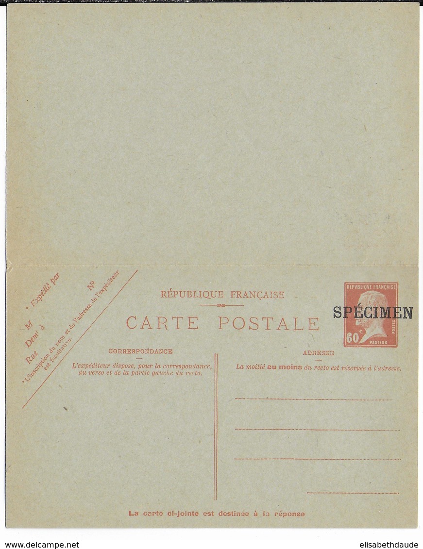 PASTEUR - 1925 - CARTE ENTIER Avec REPONSE PAYEE SURCHARGEE "SPECIMEN" - Cartes Postales Types Et TSC (avant 1995)