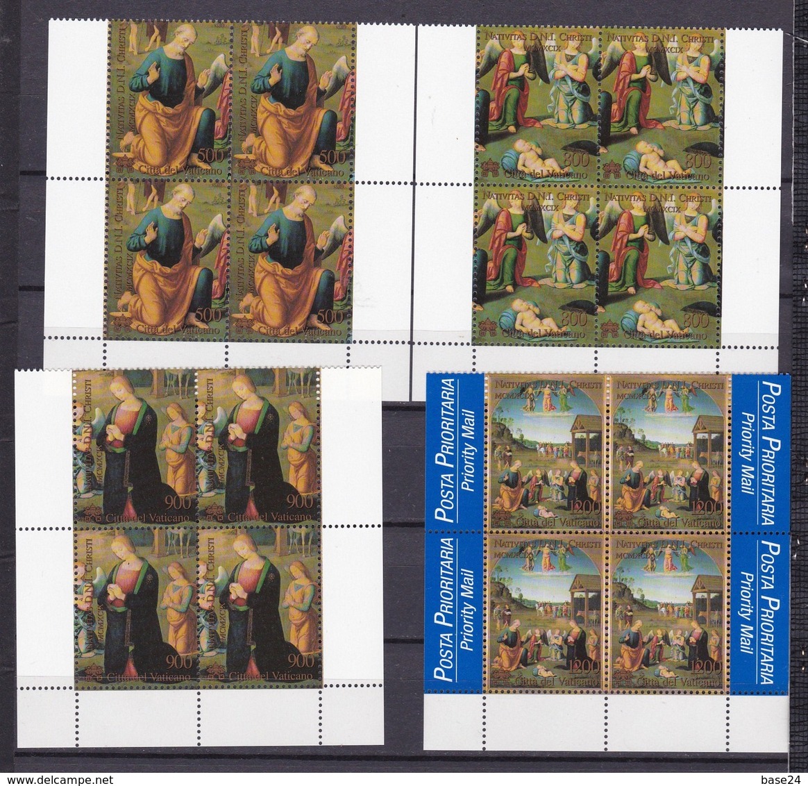 1999 Vaticano Vatican NATALE (con PRIORITARIA)  CHRISTMAS 4 Serie Di 4v. MNH** Quartina Bl.4 - Natale