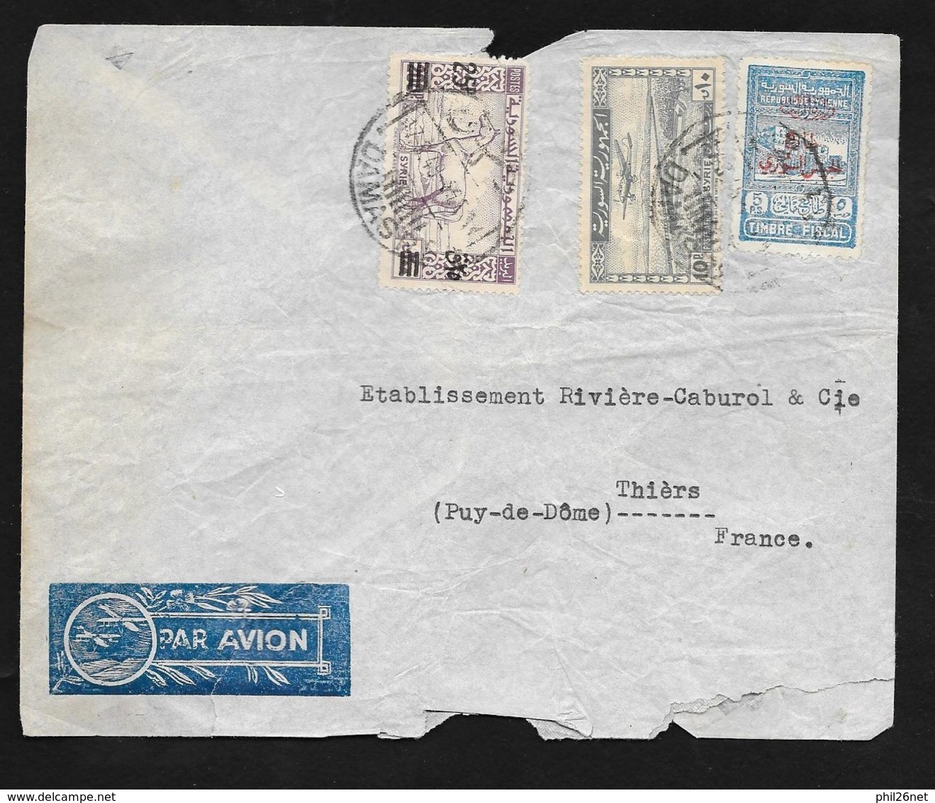 Syrie Lettre Par Avion Damas Le 17/03/1949 à Thiers Les N°295 (R) Et 31 Et Poste Aérienne N°4  B/TB - Covers & Documents