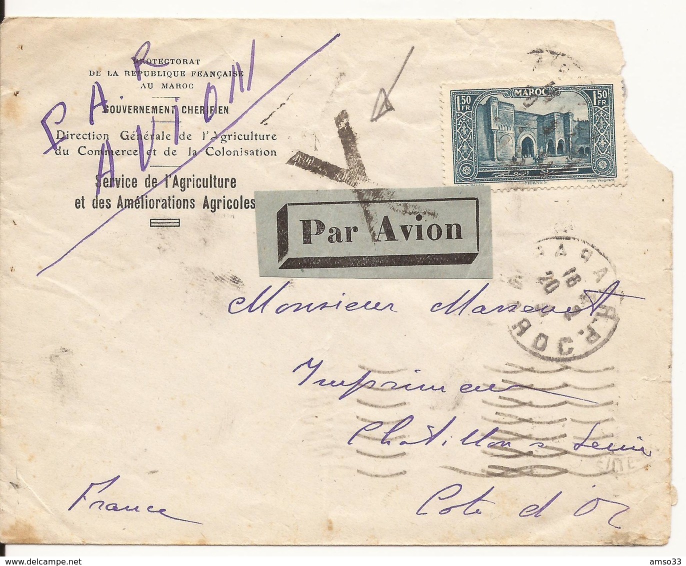 MAROC RABAT ENVELOPPE VERS CHATILLON-SUR-SEINE PAR AVION 1931 - Poste Aérienne
