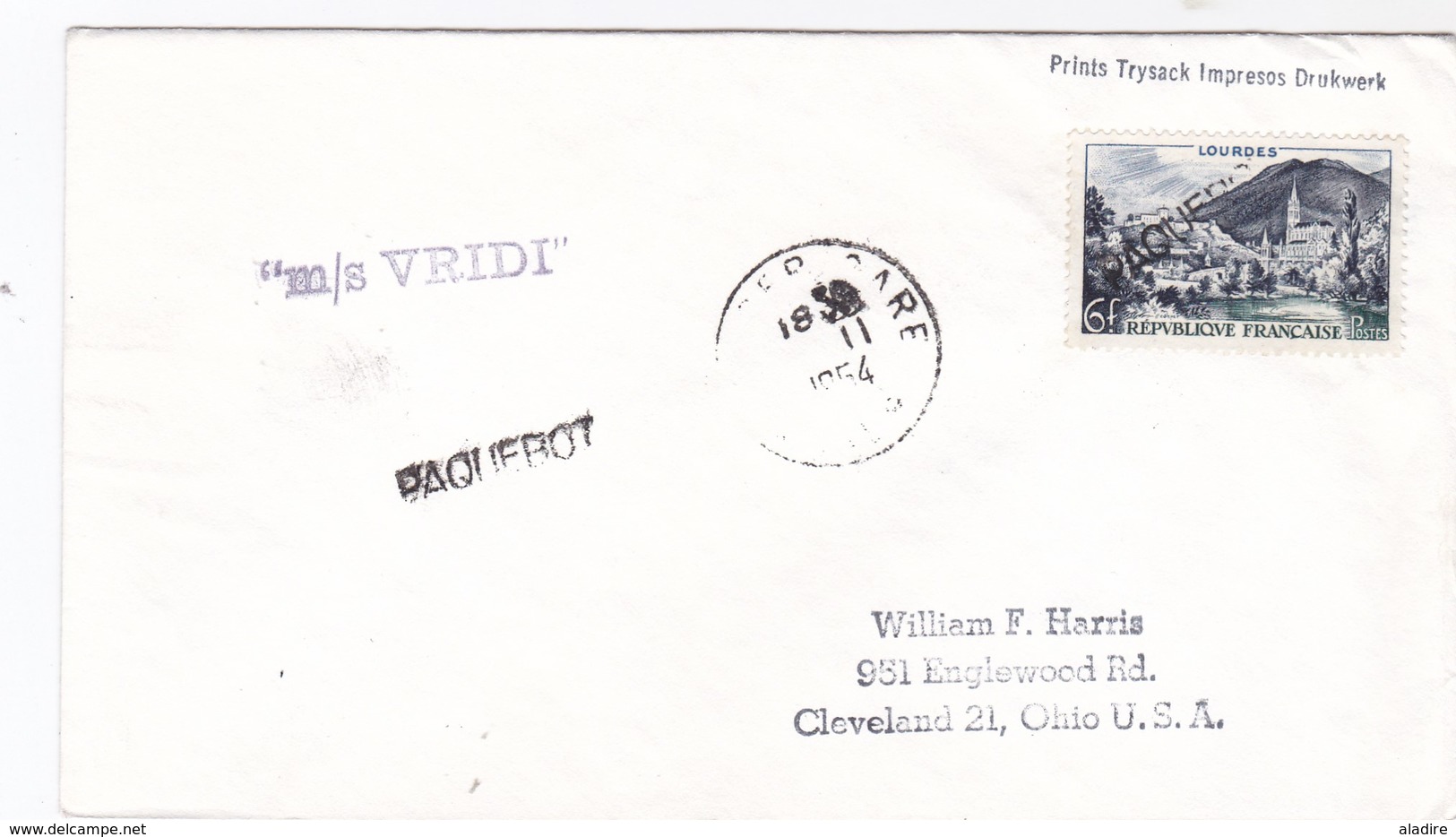 1954 - Enveloppe D' Alger Gare, Algérie, France Vers Cleveland, USA,  Paquebot M/S Verdi,  6 F Lourdes - Posta Marittima