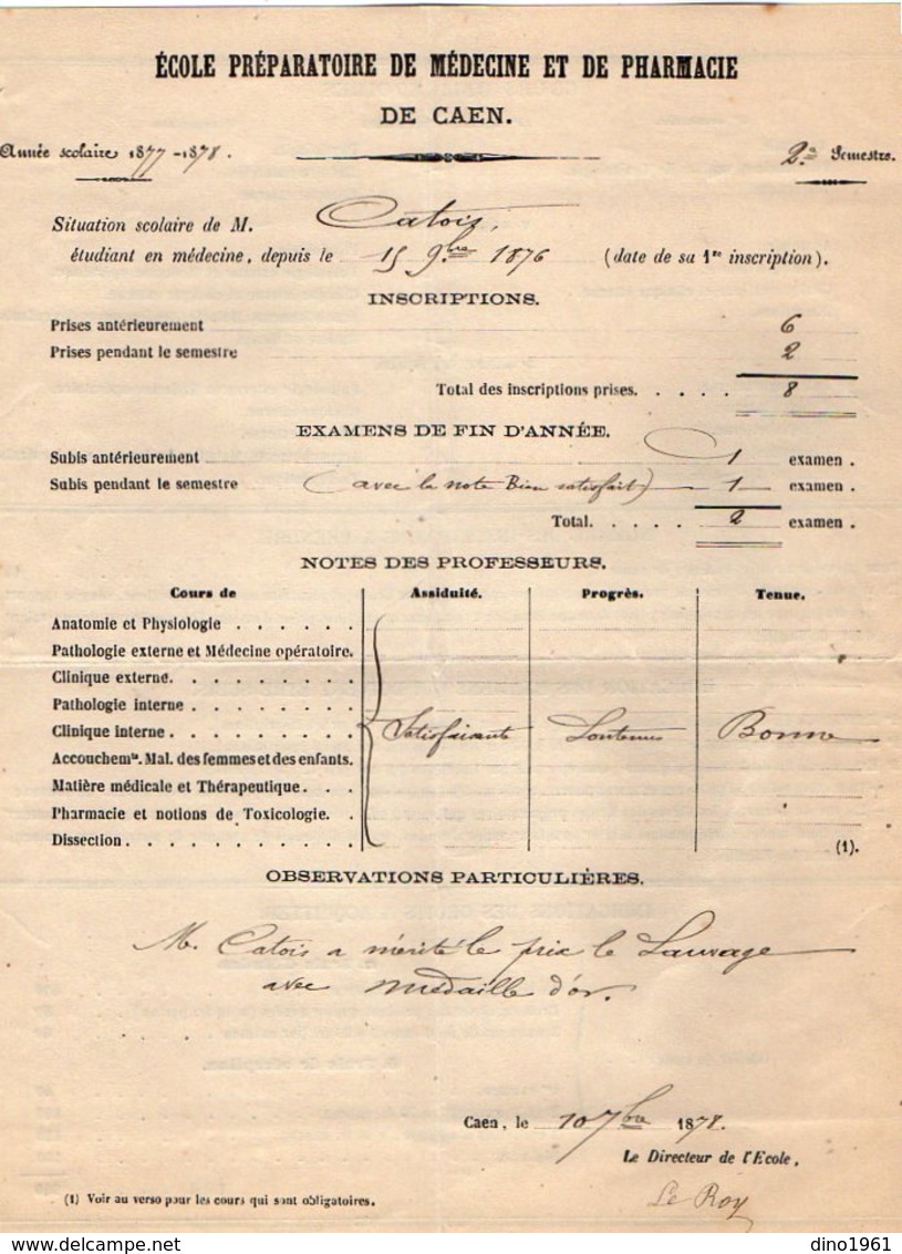 VP12.096 - 1877 - 1878 - Ecole Préparatoire De Médecine Et De Pharmacie De CAEN - Bulletin Scolaire Etudiant CATOIS - Diplômes & Bulletins Scolaires