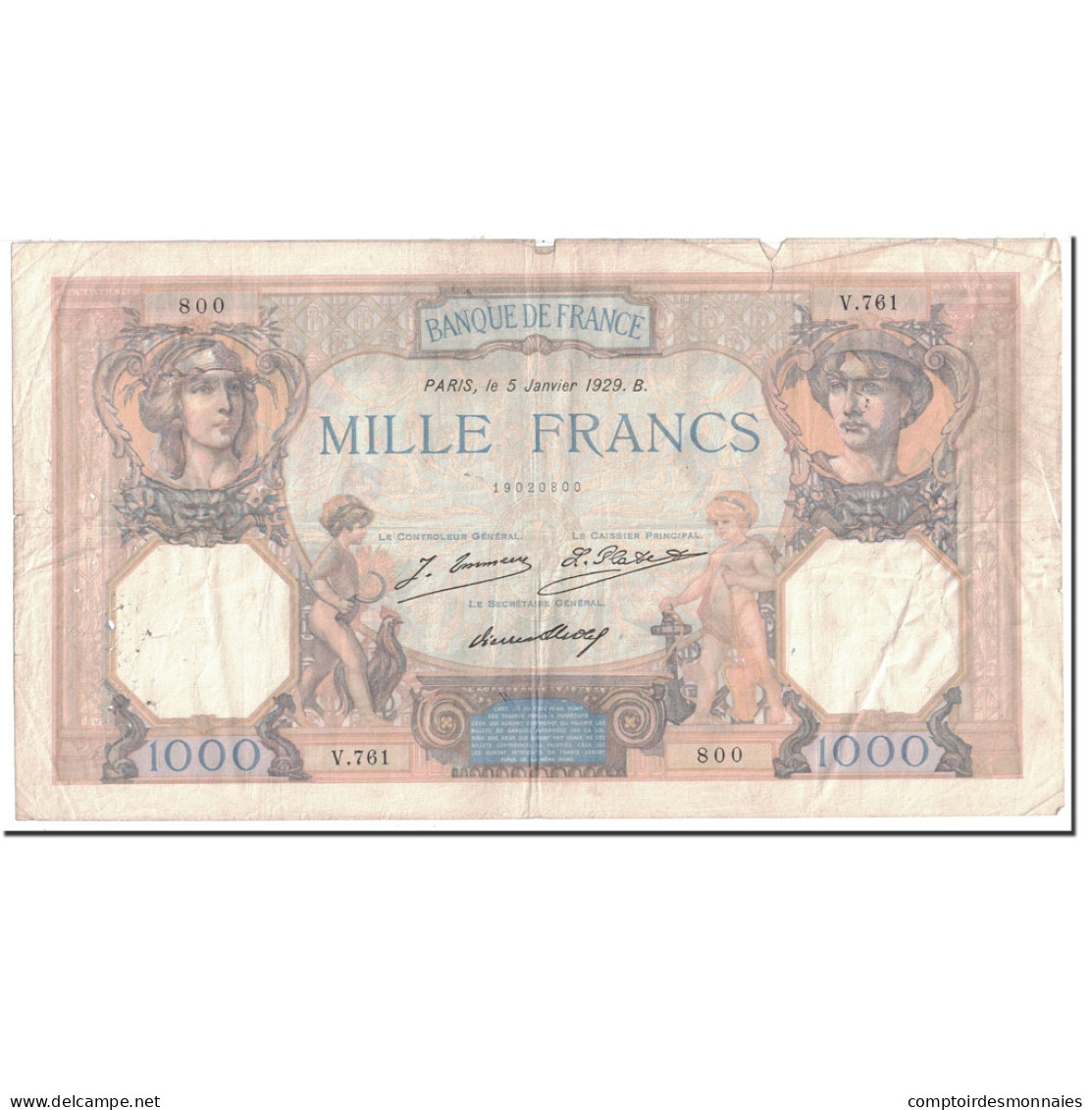 France, 1000 Francs, 1929, 1929-01-05, TB, Fayette:37.3, KM:79a - 500 F 1888-1940 ''Bleu Et Rose''