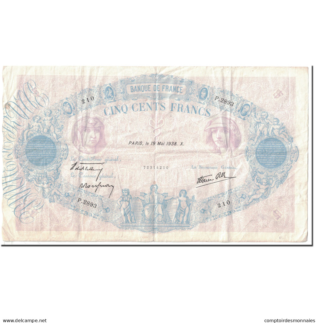 France, 500 Francs, 1938, 1938-05-19, TTB, Fayette:31.11, KM:88c - 500 F 1888-1940 ''Bleu Et Rose''