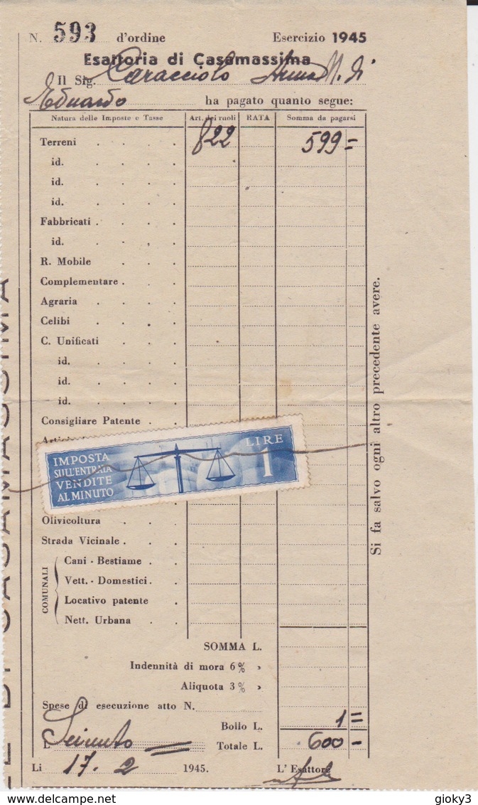 RICEVUTA ESATTORIA MARCA IMPOSTA SULL'ENTRATA AL MINUTO 1945 - Revenue Stamps