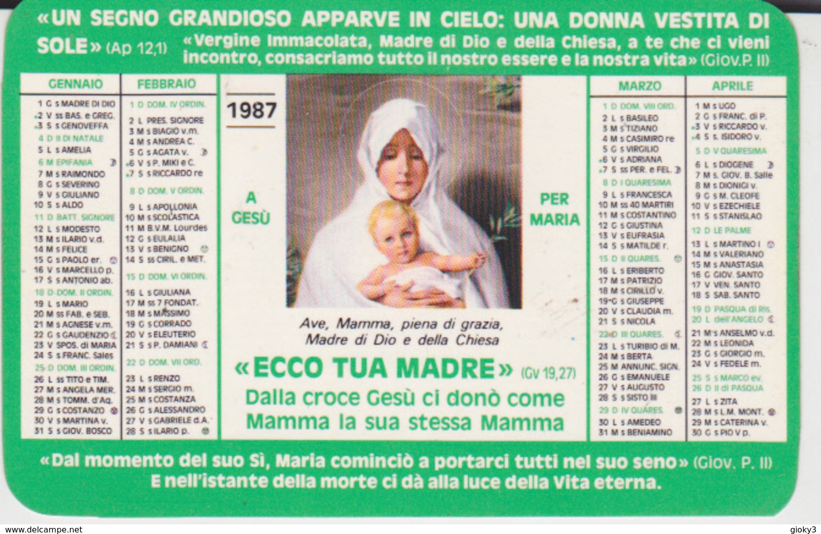 CALENDARIO TASCABILE GIOVENTU' ARDENTE MARIANA 1987 - Tamaño Pequeño : 1981-90