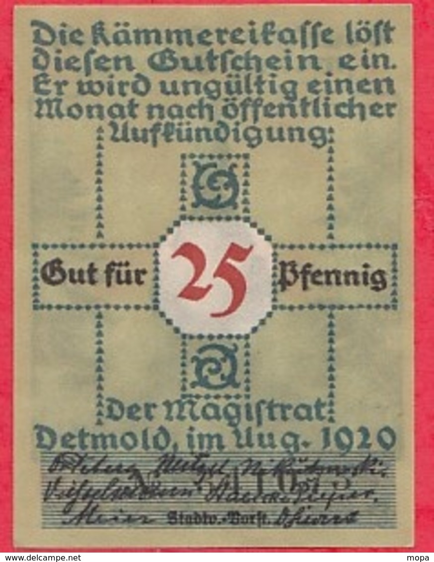 Allemagne 1 Notgeld  25 Pfenning Detmold  Lot N °1744   Dans L' état - Collections