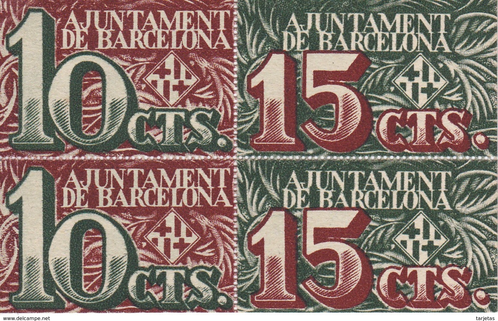 BLOQUE DE 4 BILLETES DEL AJUNTAMENT DE BARCELONA DE 10 Y 15 CENTIMOS DEL AÑO 1937 SIN CIRCULAR - Otros & Sin Clasificación