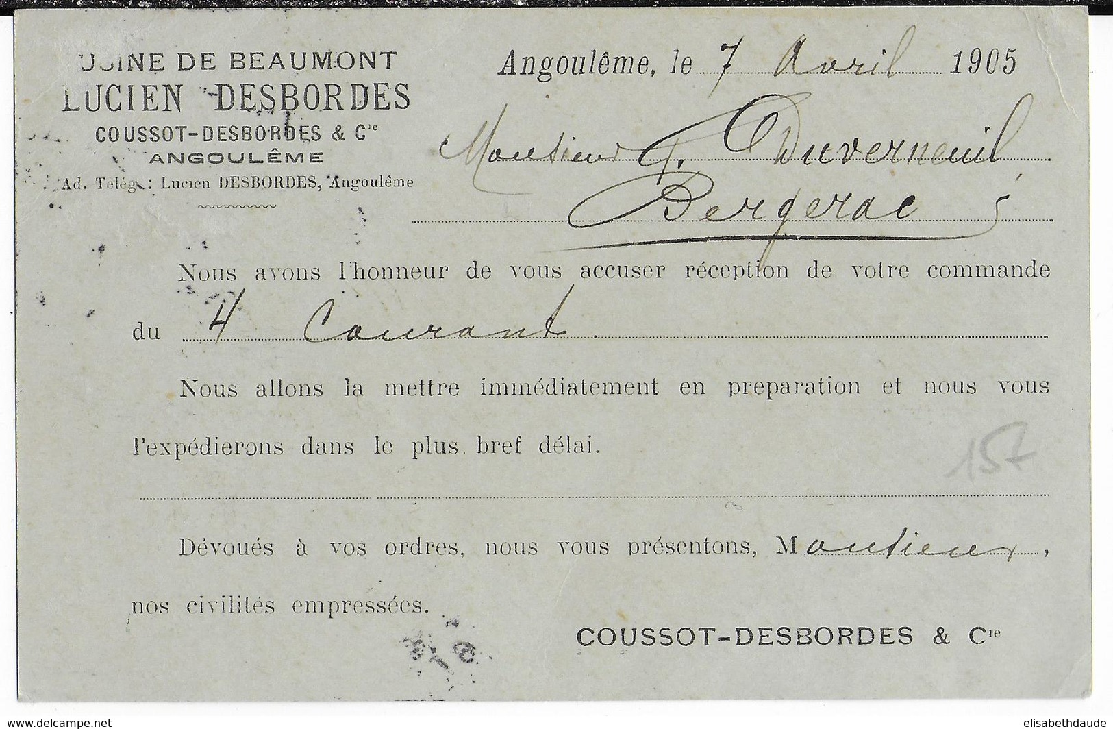 SEMEUSE - 1905 - CARTE ENTIER Avec REPIQUAGE COMMERCIAL "LUCIEN DESBORDES" à ANGOULEME (CHARENTE) - AK Mit Aufdruck (vor 1995)