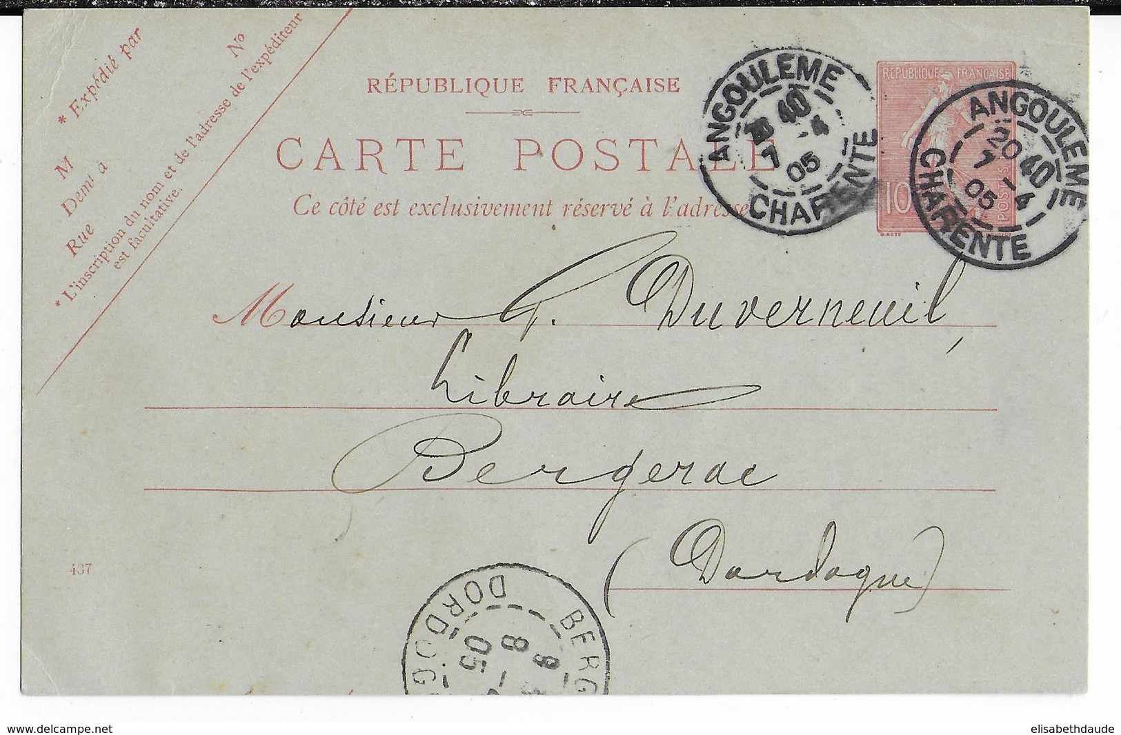 SEMEUSE - 1905 - CARTE ENTIER Avec REPIQUAGE COMMERCIAL "LUCIEN DESBORDES" à ANGOULEME (CHARENTE) - Bijgewerkte Postkaarten  (voor 1995)