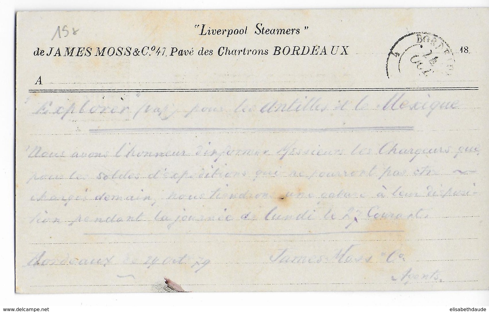 SAGE - 1879 - CARTE ENTIER Avec REPIQUAGE COMMERCIAL "LIVERPOOL STEAMER" à BORDEAUX - Cartes Postales Repiquages (avant 1995)