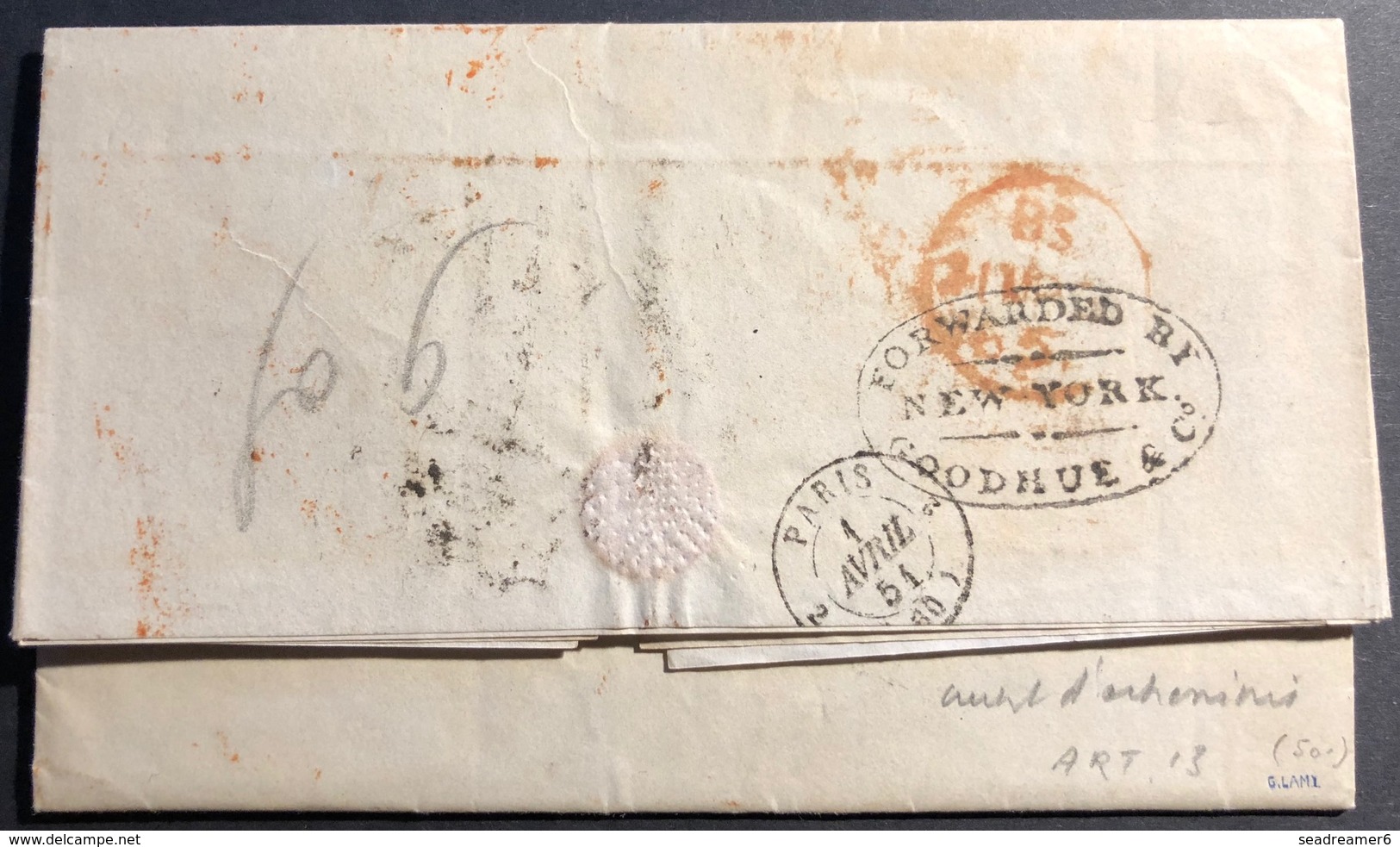 CUBA Mars 1851 Lettre "acheminée" De L'agence  GOODHUE NY Par Steamer Pour Paris Par Voie Anglaise - Prephilately