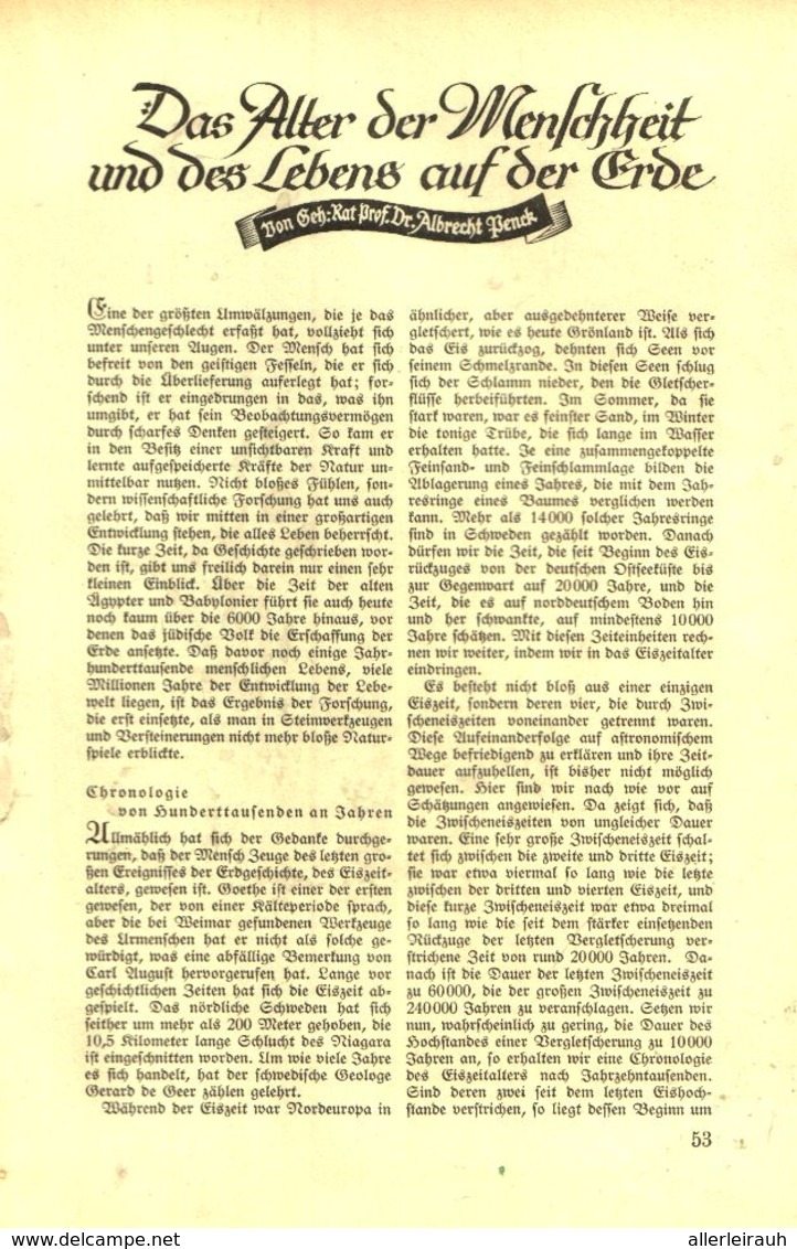 Das Alter Der Menschheit Und Des Lebens Auf Der Erde / Artikel, Entnommen Aus Zeitschrift /1937 - Colis