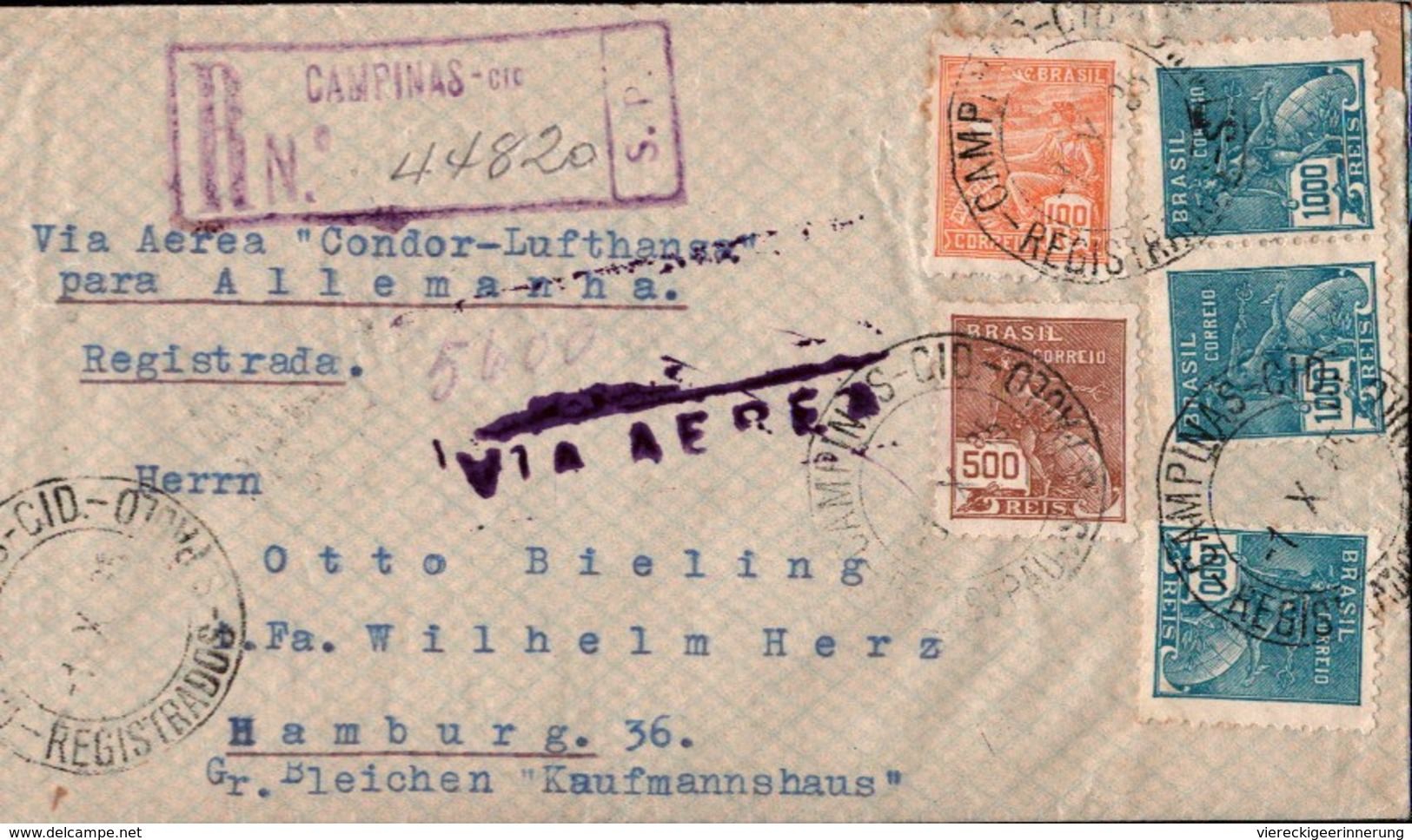 ! 1935 Registered Cover Campinas, Brasilien, Brazil, Via Aerea Condor Lufthansa, Luftpostbrief, Sao Paulo, Hamburg, Air - Lettres & Documents