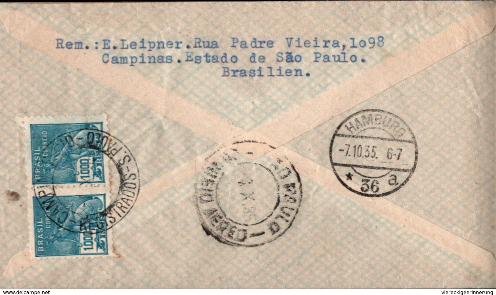 ! 1935 Registered Cover Campinas, Brasilien, Brazil, Via Aerea Condor Lufthansa, Luftpostbrief, Sao Paulo, Hamburg, Air - Briefe U. Dokumente