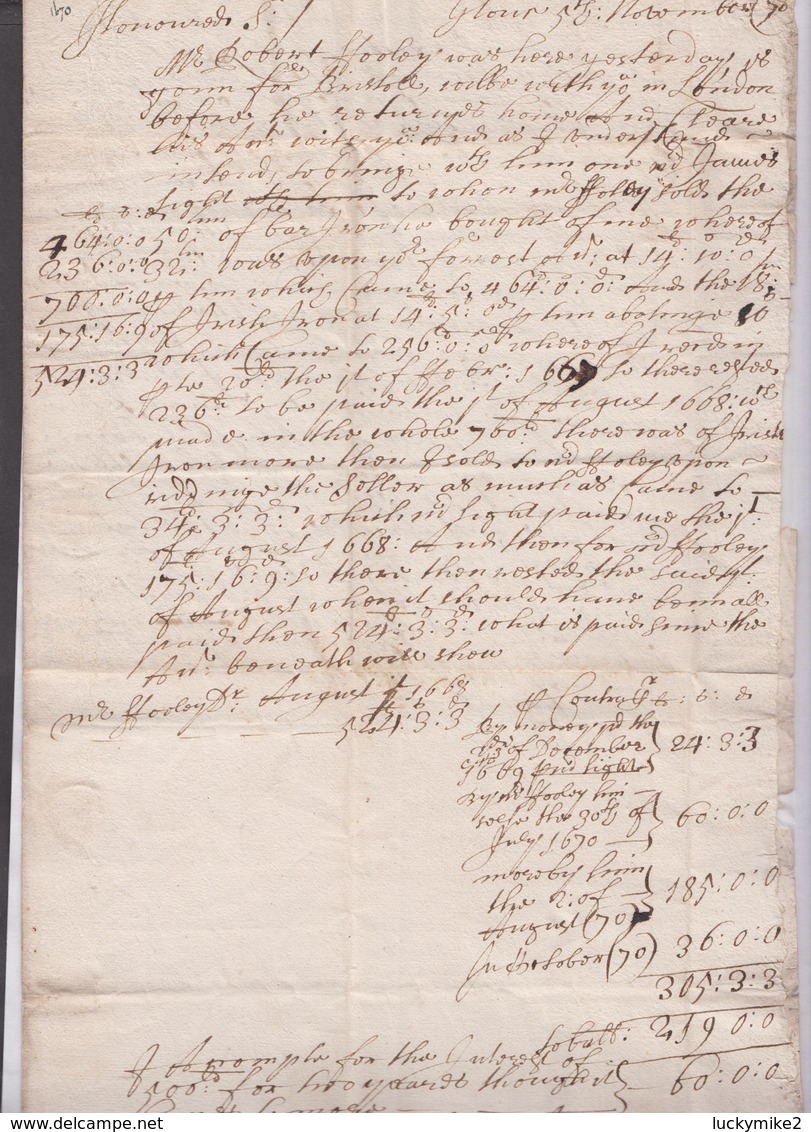 1670 letter re the iron trade from "Mr Hancock, Gloucester(?)" to "Robert Clayton, London" with gd bishopmark.  ref 0515